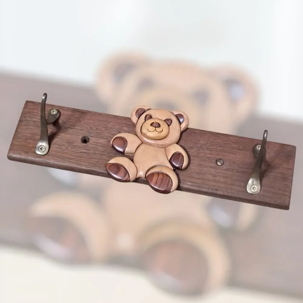 Vintage 90s Intarsia Wood Teddy Bear Wall Hook Rack – Earthwood Artisans, 11x2.5